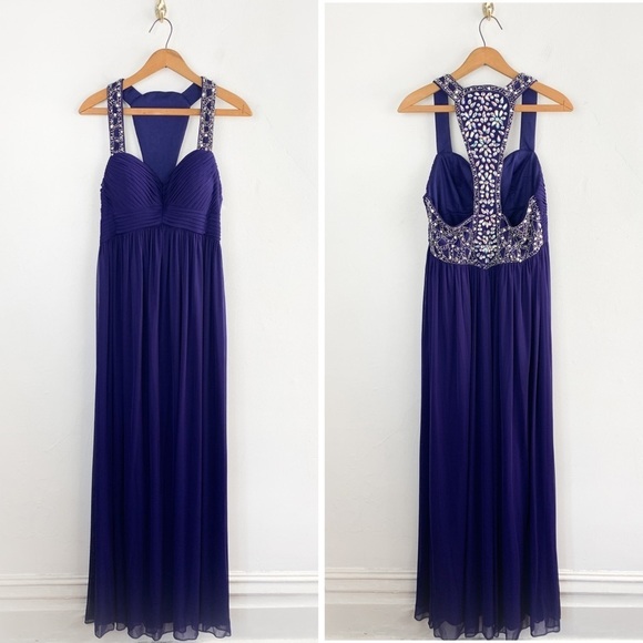 Betsy & Adam Navy Blue Bejeweled Empire Waist Formal Maxi Dress Sz 10